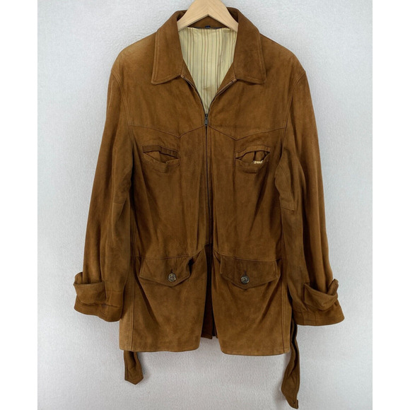 POLO RALPH LAUREN Jacket Mens M Leather Suede Full Zip Belted Brown USA Vintage